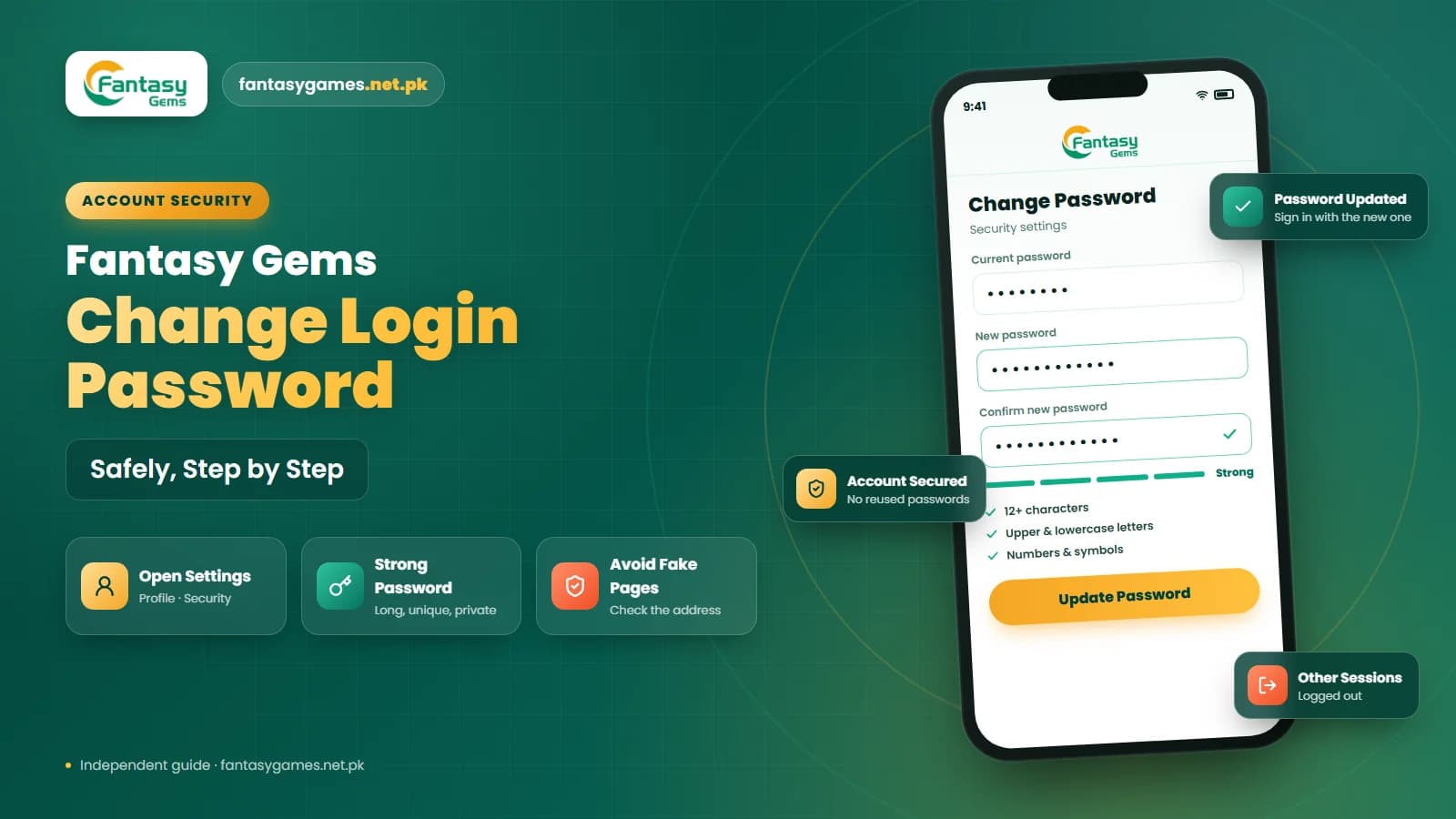 Change Fantasy Gems login password screen with current password, new password and confirm fields
