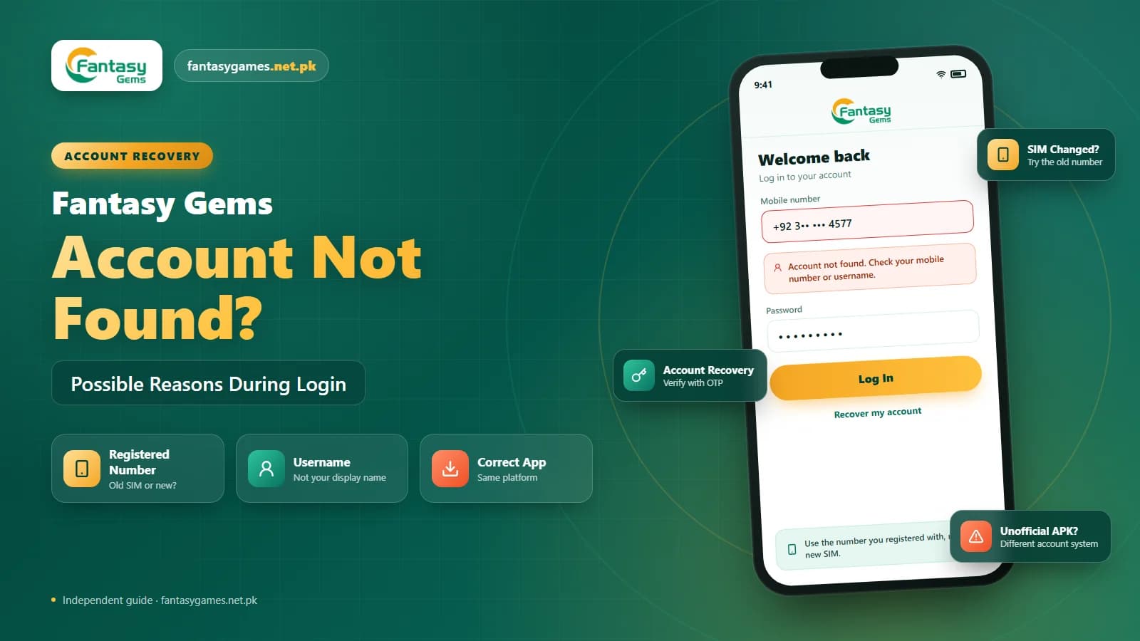 Fantasy Gems account not found error on a phone login screen with the registered number field highlighted