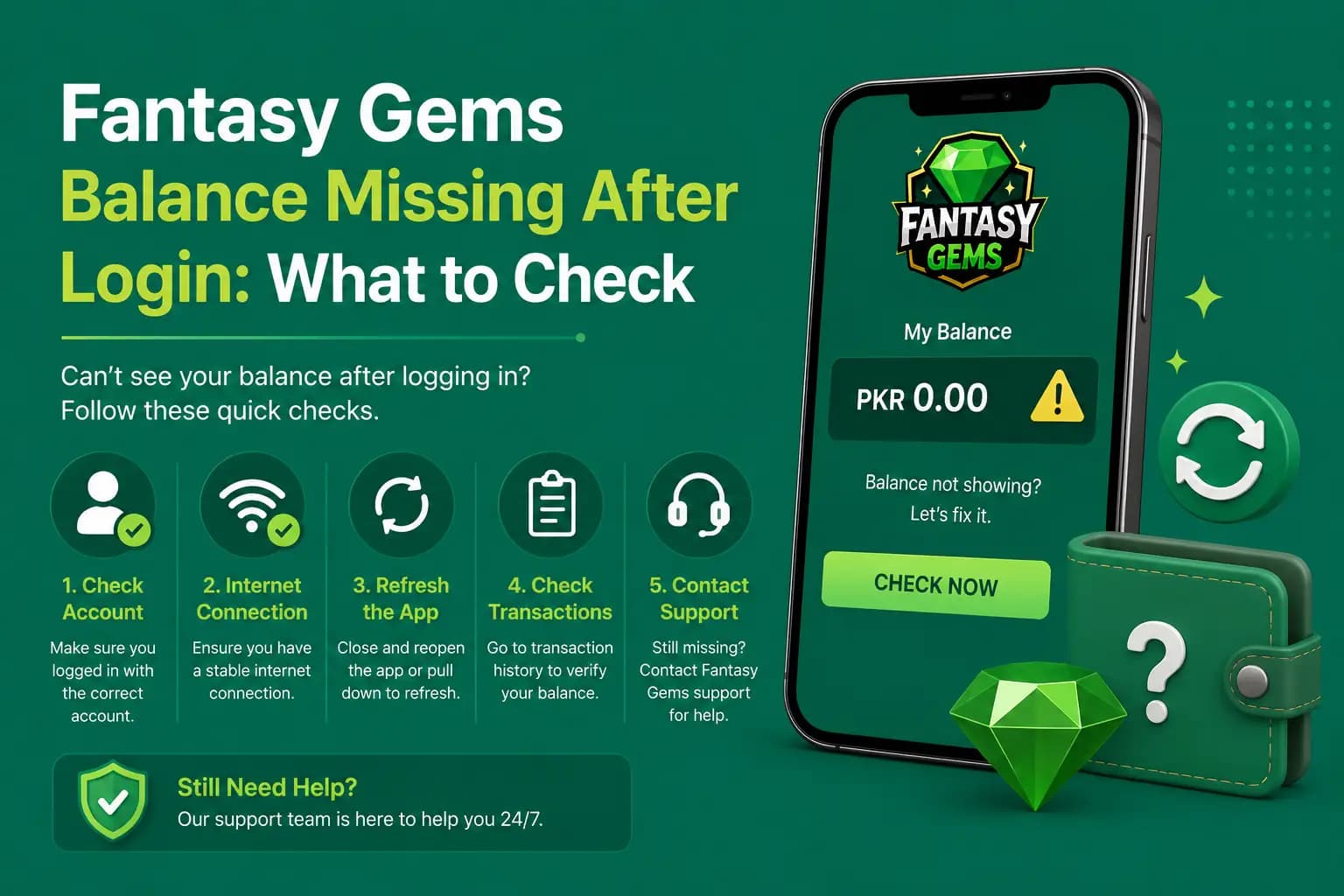 Fantasy Gems balance missing after login troubleshooting graphic