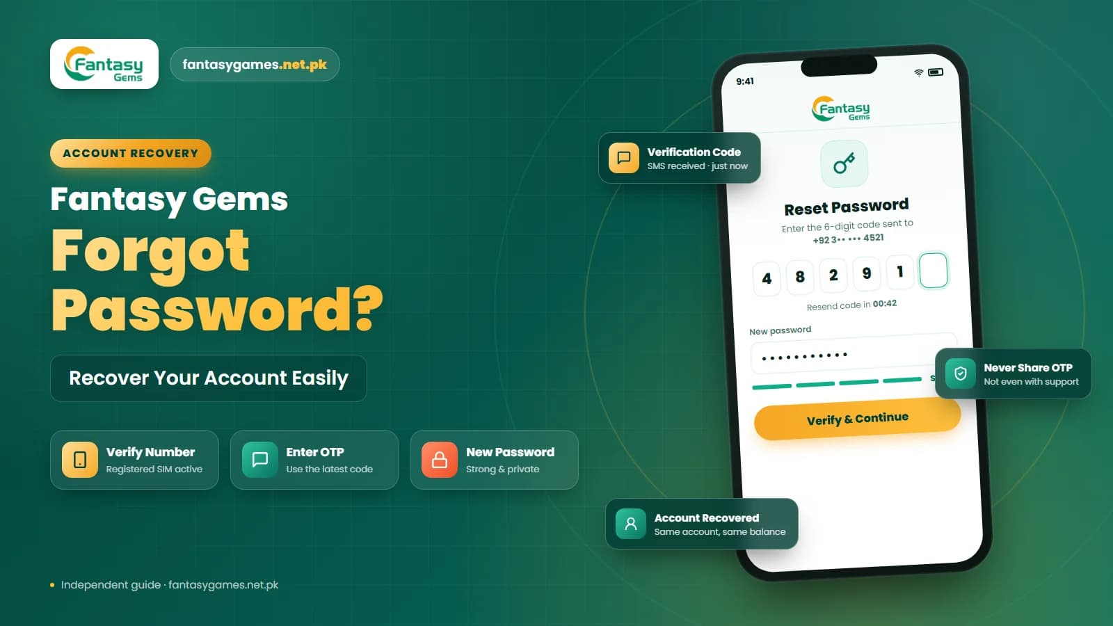 Fantasy Gems forgot password screen showing the reset option, OTP entry and new password fields on a phone