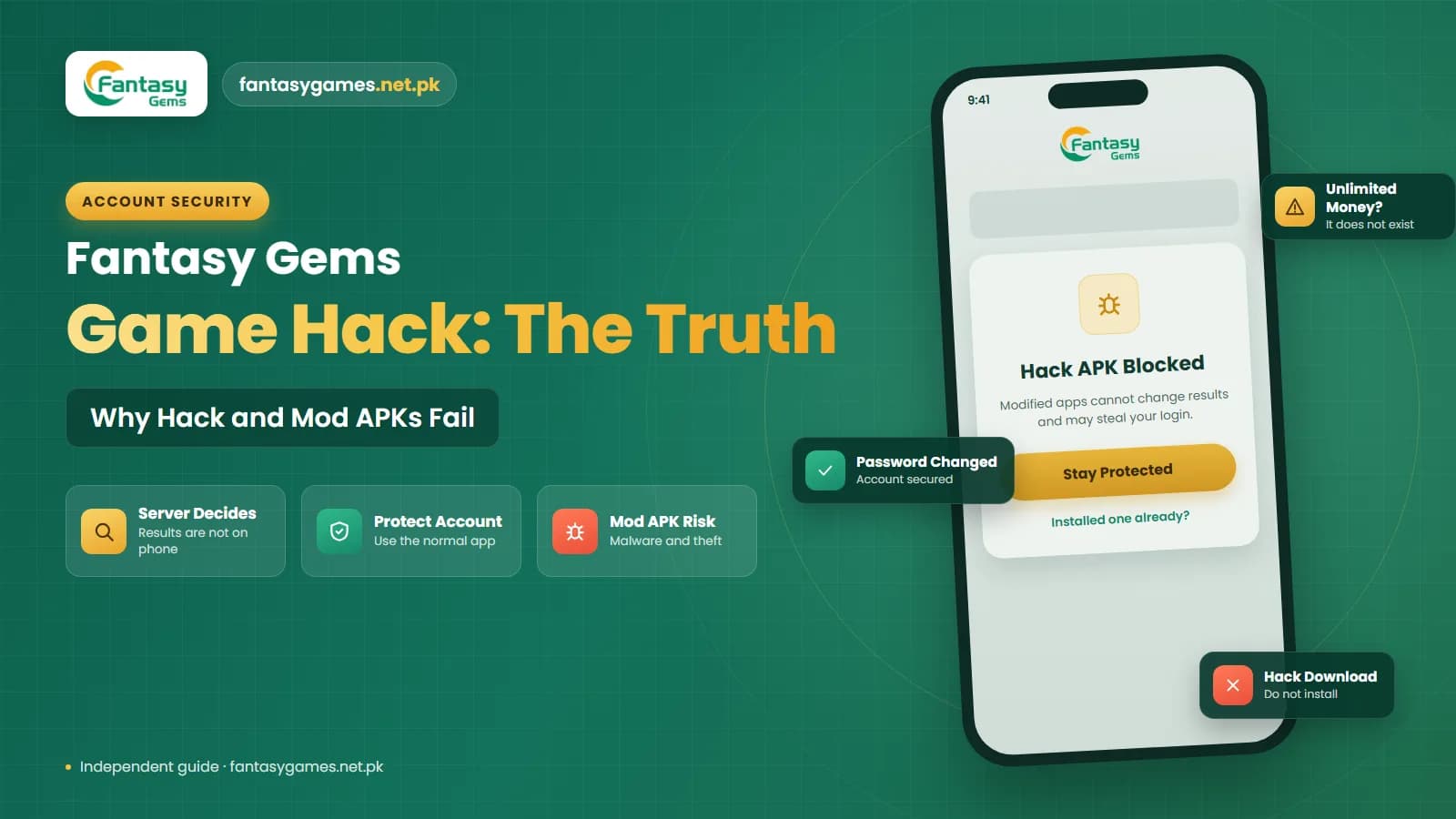 Fantasy Gems game hack warning showing a phone with a fake mod APK download and a red security alert