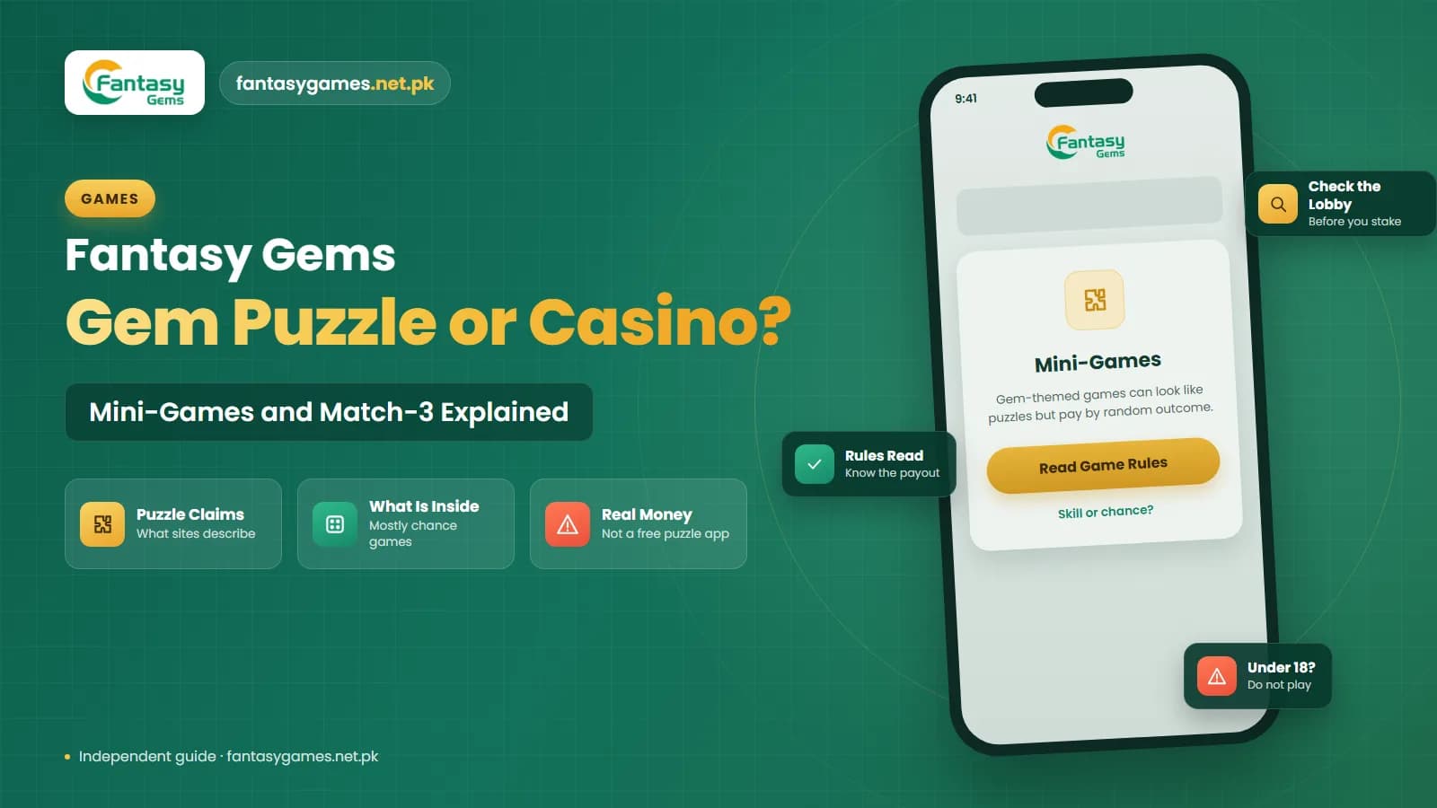 Fantasy Gems mini-games and gem puzzle games comparison showing a match-3 gem board beside a real-money game lobby on a phone