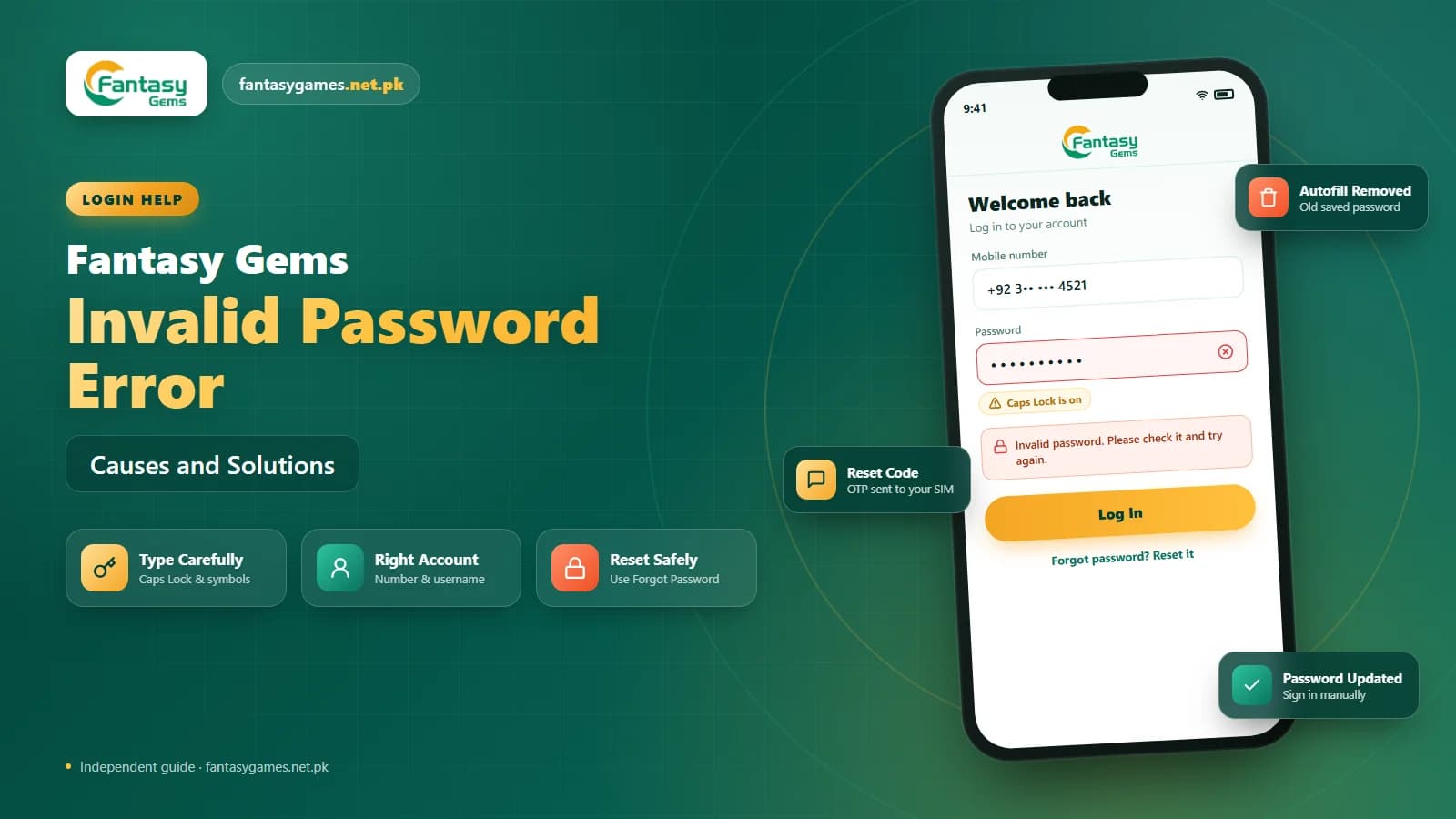 Fantasy Gems invalid password error message on the login screen with the password field highlighted