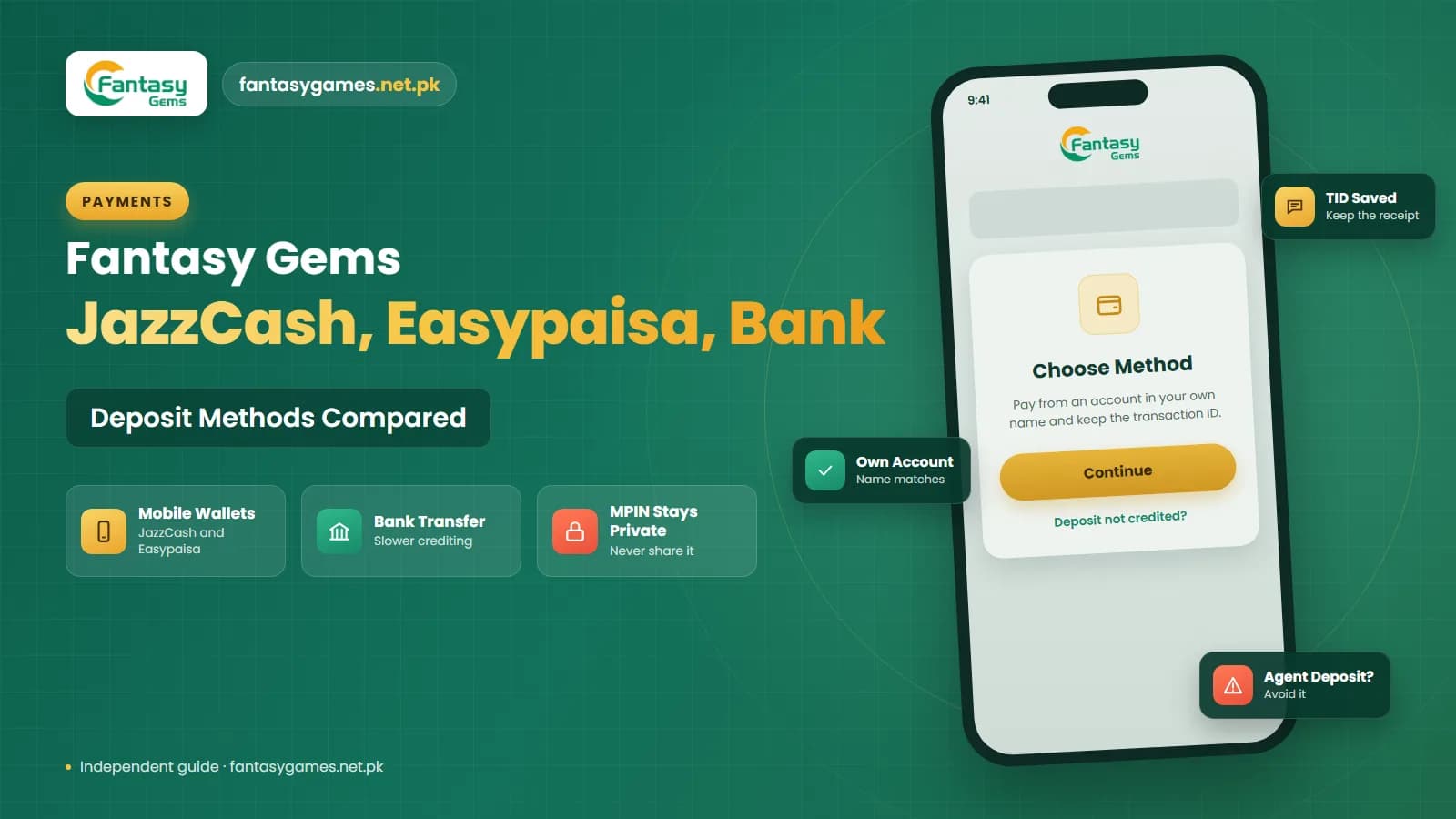 Fantasy Gems JazzCash, Easypaisa and bank transfer payment methods compared side by side on a phone deposit screen