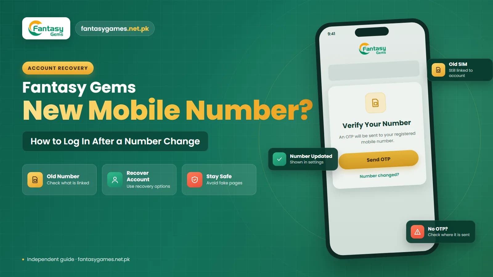 Fantasy Gems login after changing mobile number showing an old and new SIM with the registered number on a phone screen