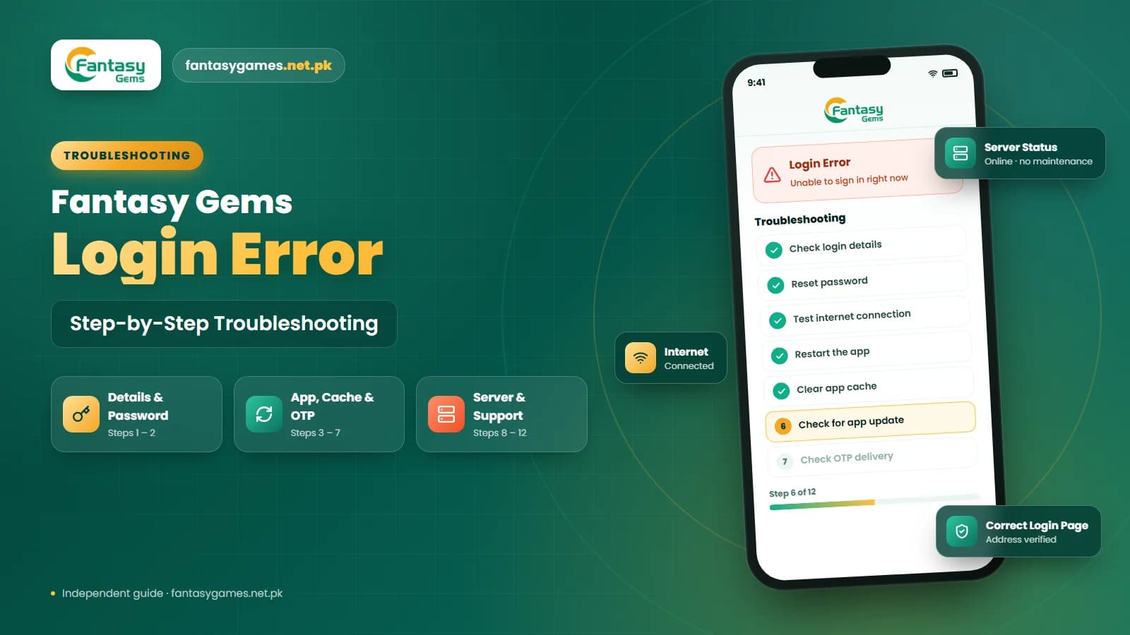 Fantasy Gems login error message on a phone screen with the matching fixes listed beside it