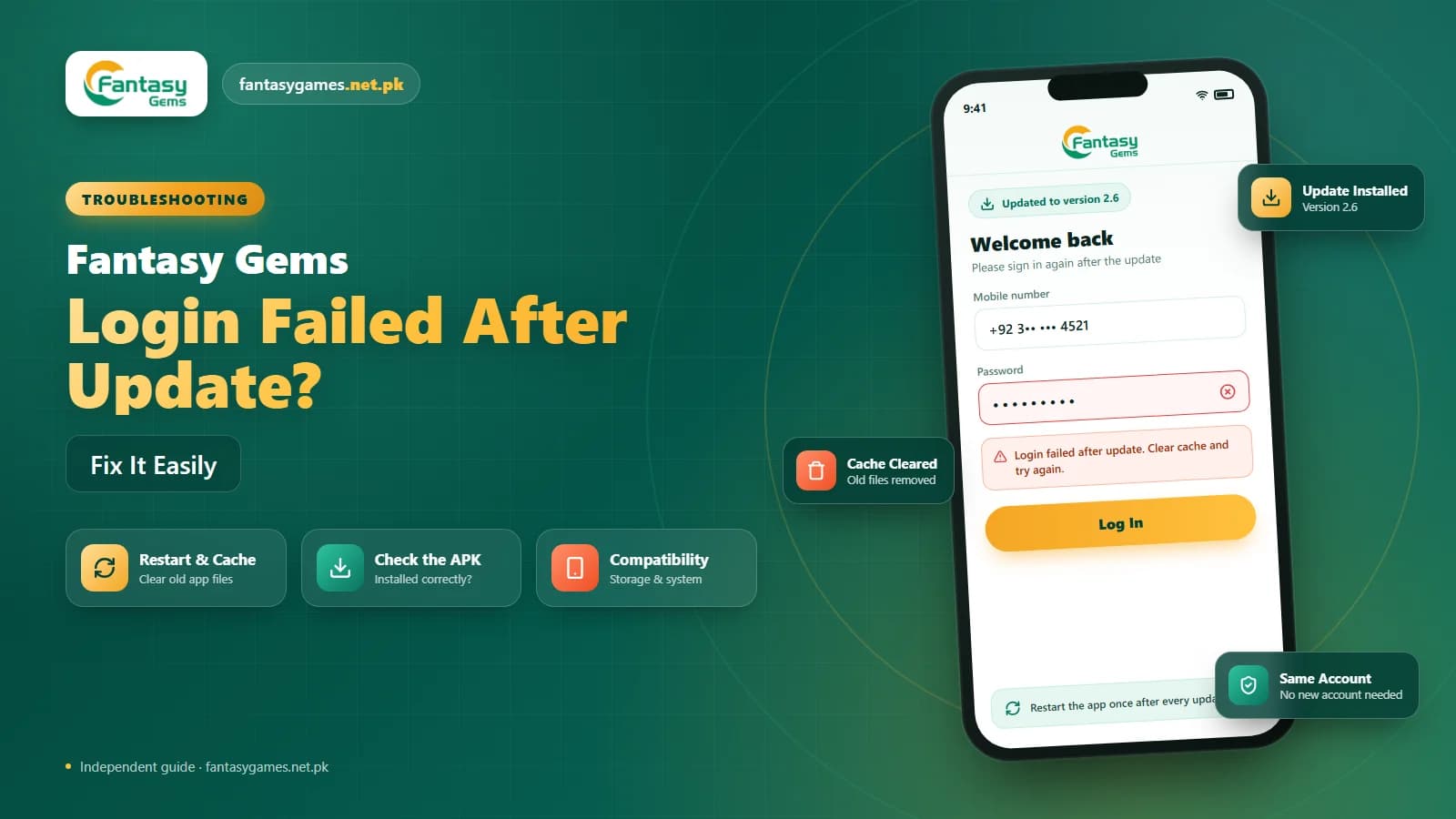 Android phone showing a Fantasy Gems login failed after app update error on the sign-in screen