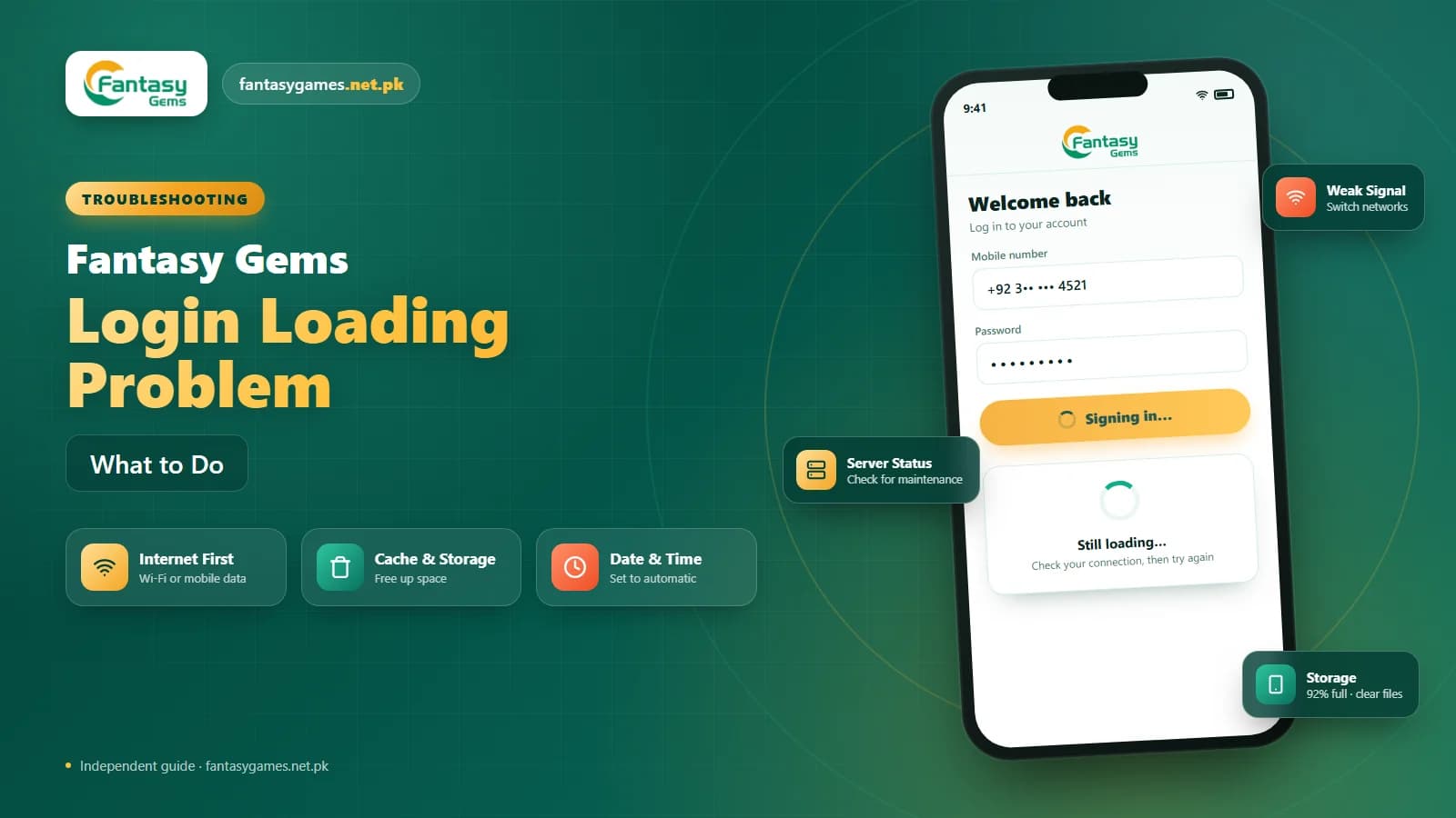 Fantasy Gems login loading problem shown as a spinning loader on a phone beside the fixes