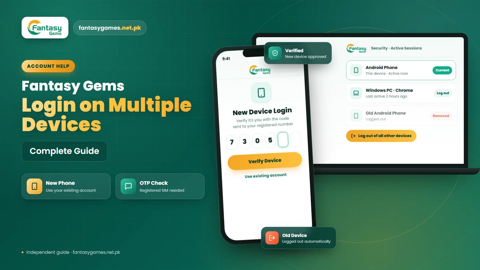 Fantasy Gems login on multiple devices shown on a phone and a laptop signed in to the same account