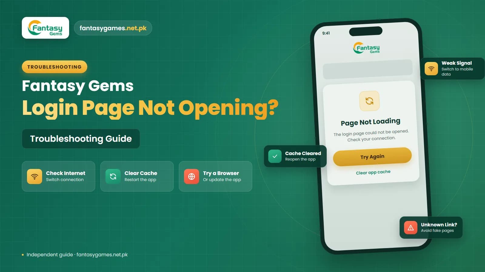 Fantasy Gems login page not opening on a phone showing a blank loading screen with troubleshooting steps