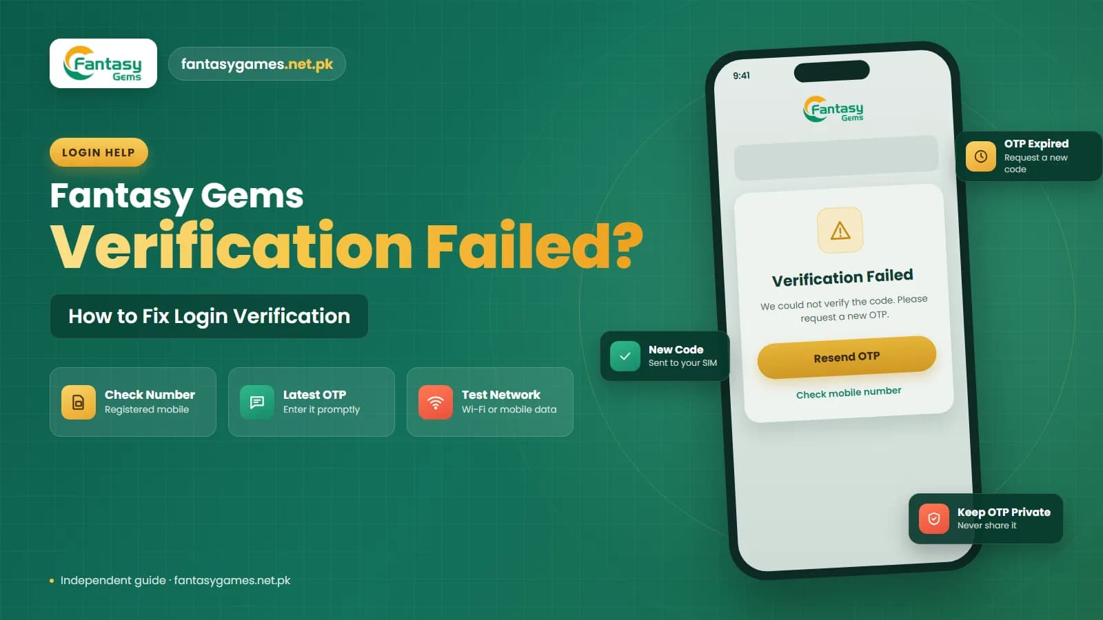 Fantasy Gems login verification failed message on a phone screen with steps to fix OTP and mobile number problems