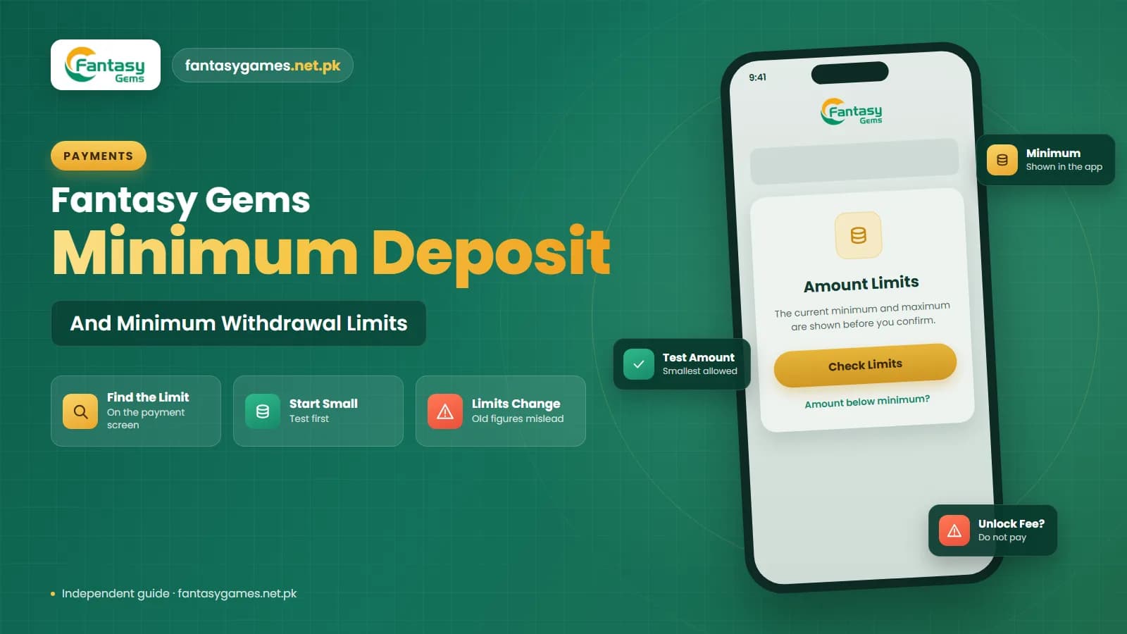 Fantasy Gems minimum deposit and minimum withdrawal limits shown on a phone wallet screen with deposit and withdraw amount fields