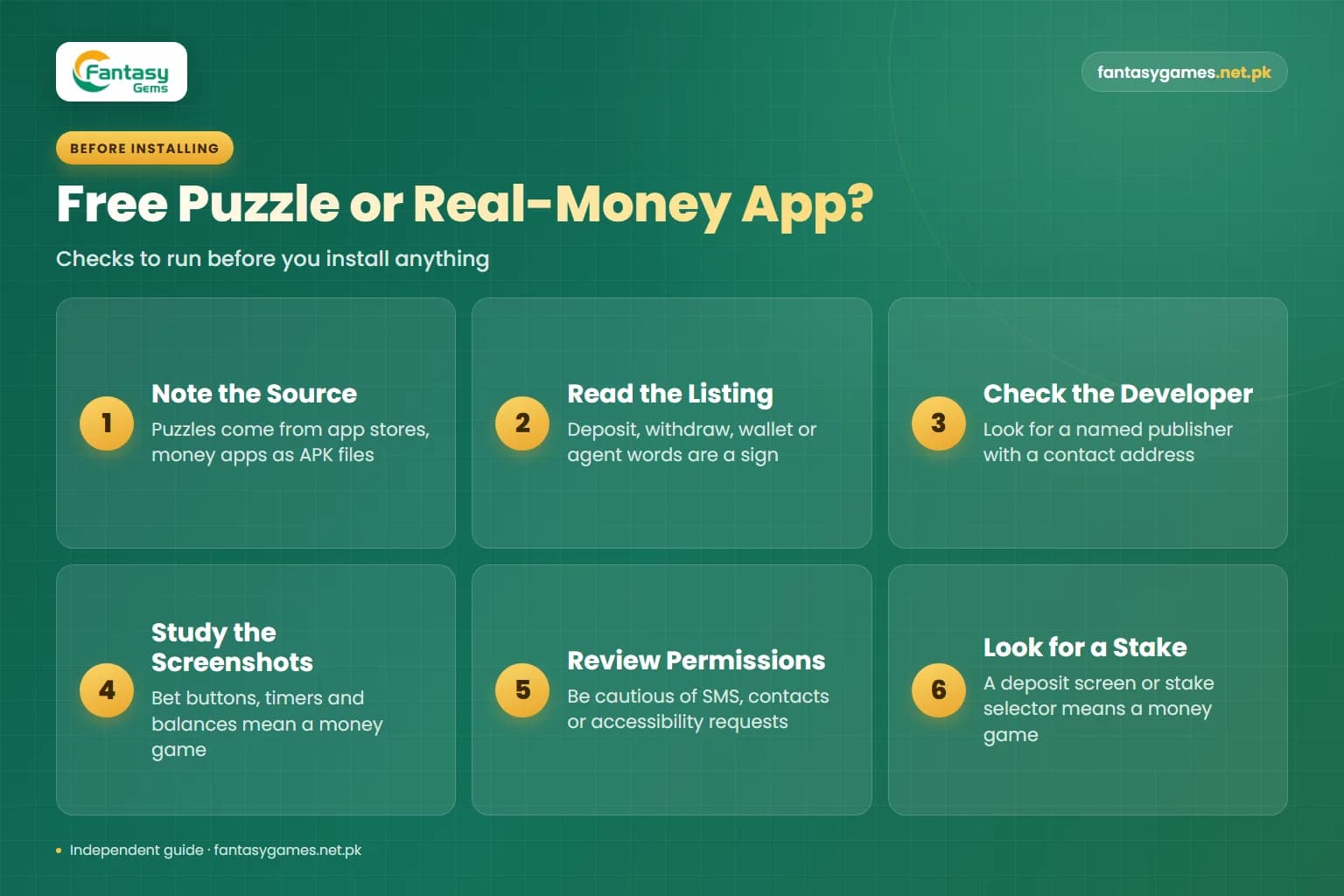 Checks that separate a free puzzle from Fantasy Gems mini-games played for money, covering source, listing and stake