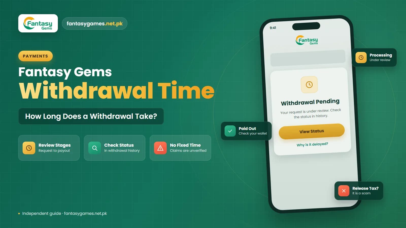 Fantasy Gems withdrawal processing time timeline showing request, platform review, payout sent and wallet credit stages on a phone