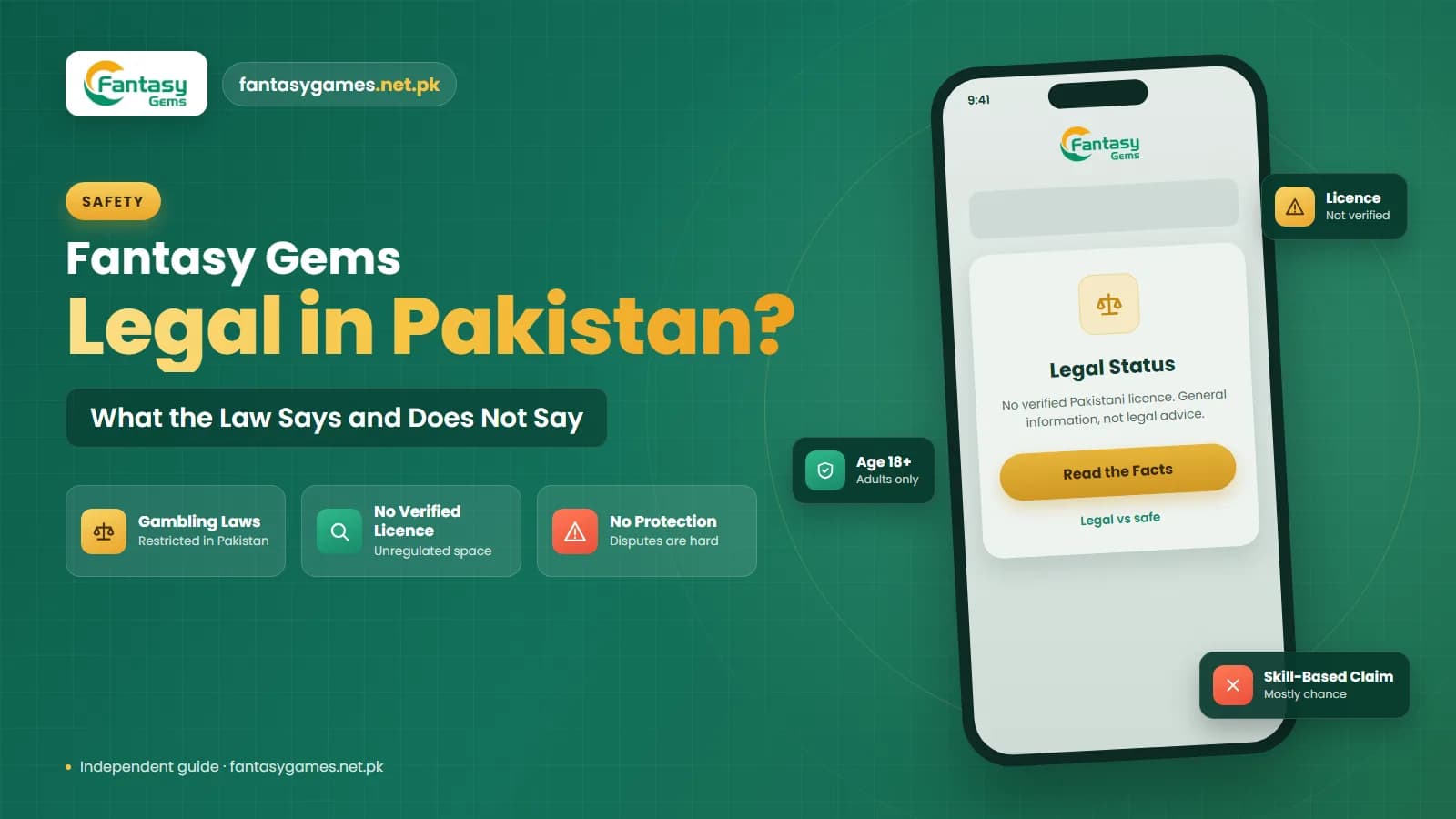 Is Fantasy Gems legal in Pakistan graphic showing a phone, a law book and scales of justice with a caution sign
