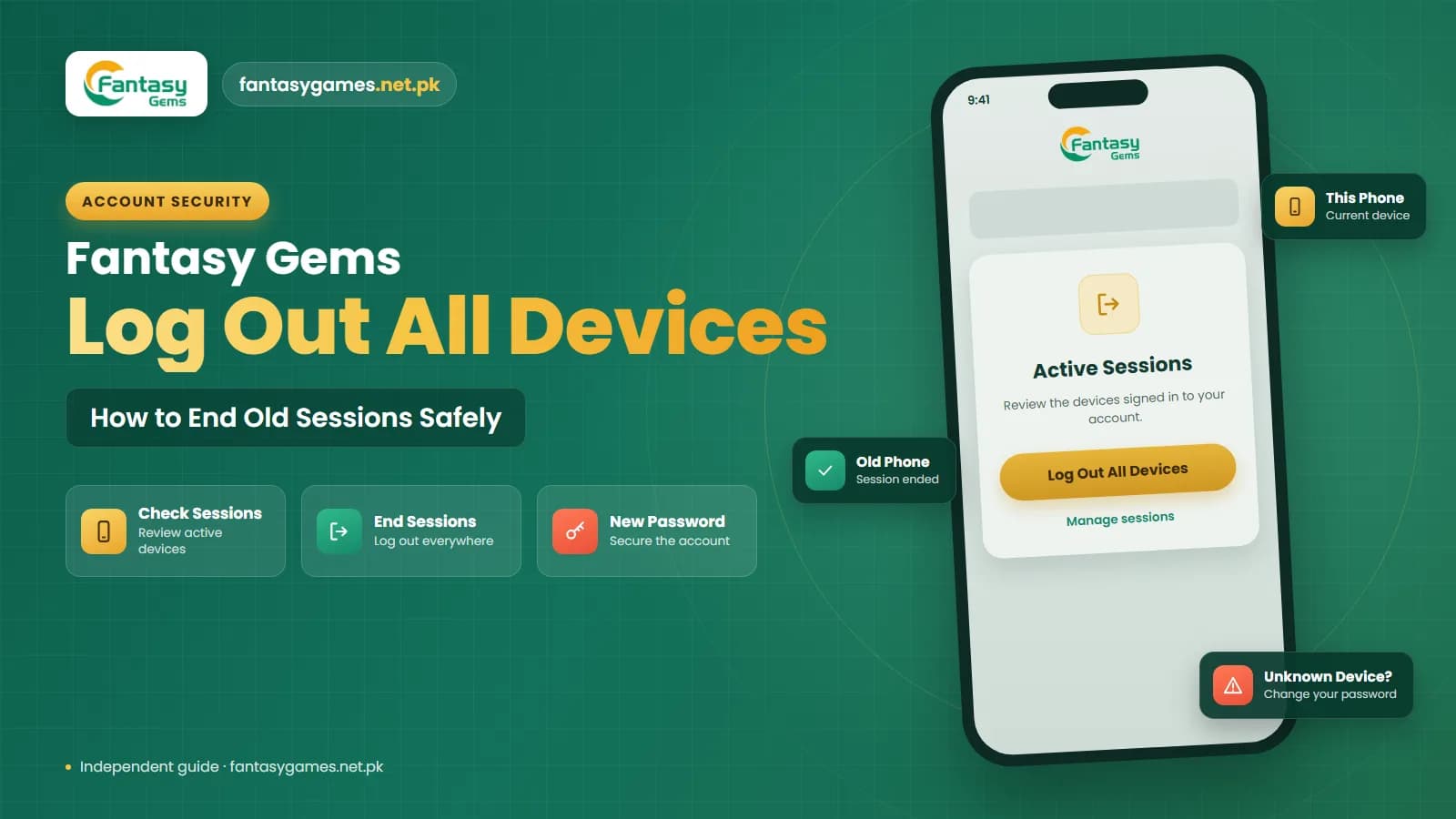 How to log out of Fantasy Gems on all devices with a list of active login sessions on a phone screen