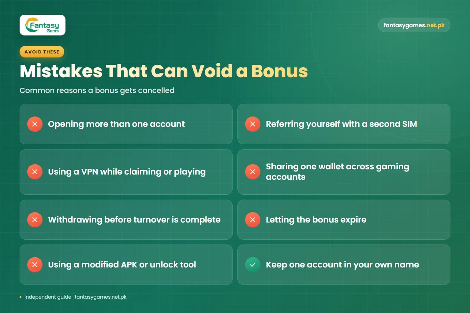 Checklist of mistakes that can void a Fantasy Gems bonus, including multiple accounts, VPN use and early withdrawals