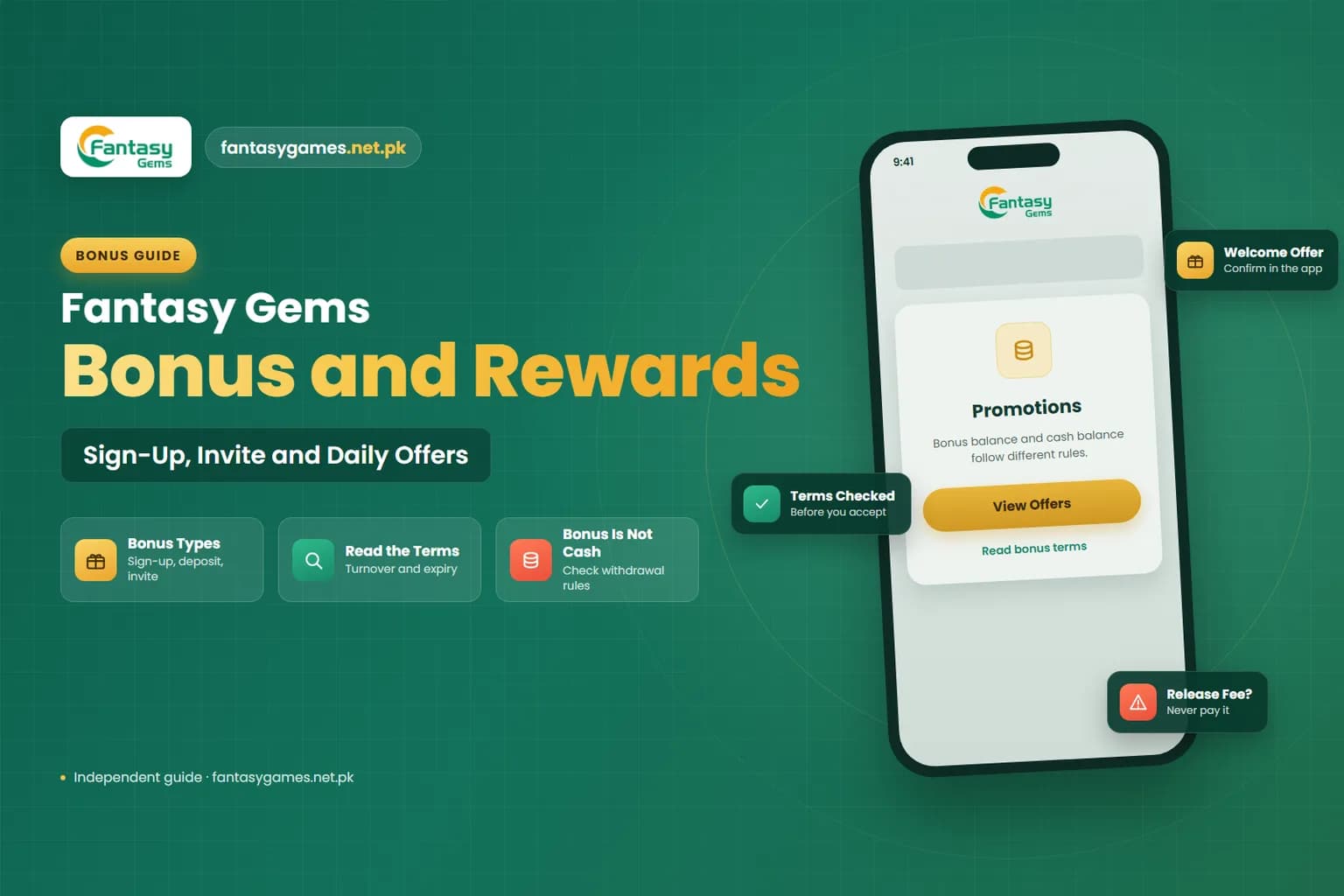Fantasy Gems bonus guide graphic covering sign-up, invite and daily rewards and their terms
