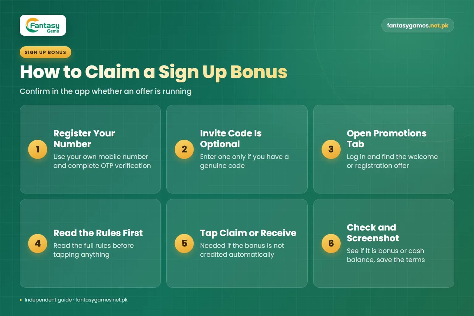 Steps to claim a Fantasy Gems bonus at sign up, from registering with OTP to checking the wallet and saving the terms