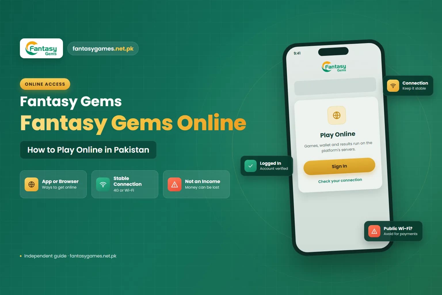 Fantasy Gems online access graphic showing app and browser play with a stable connection