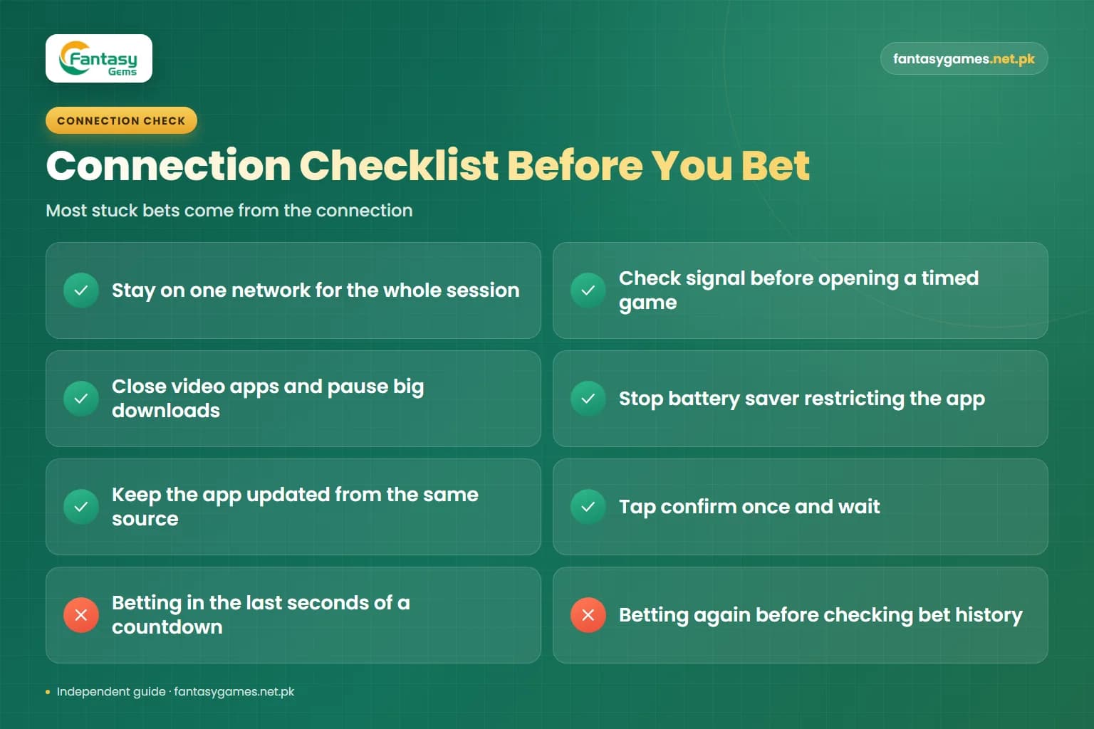 Connection checklist for a smooth Fantasy Gems online session, covering one stable network, signal and single confirm taps