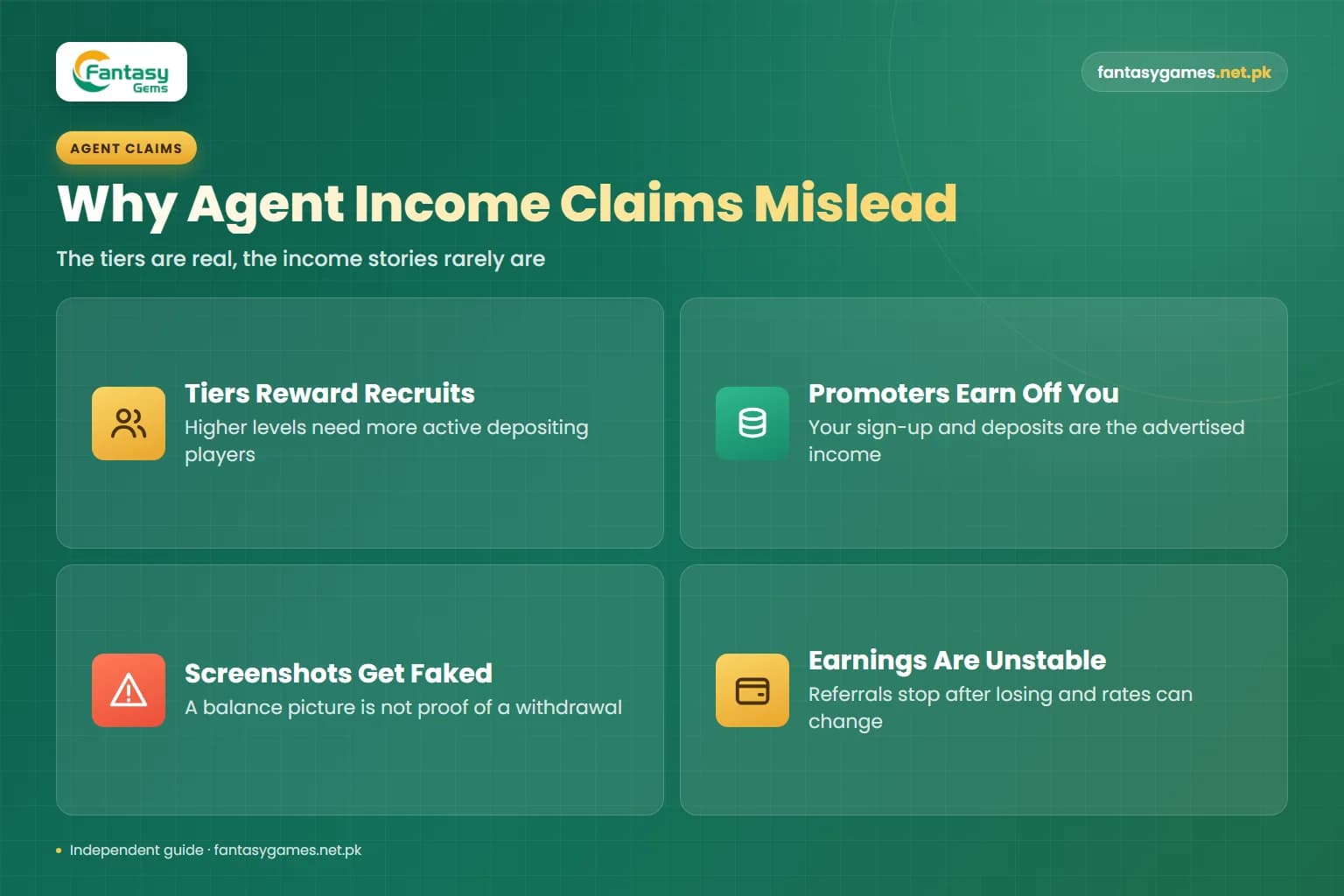 Four reasons agent income claims are exaggerated, shown as cards in this Fantasy Gems referral rewards explainer