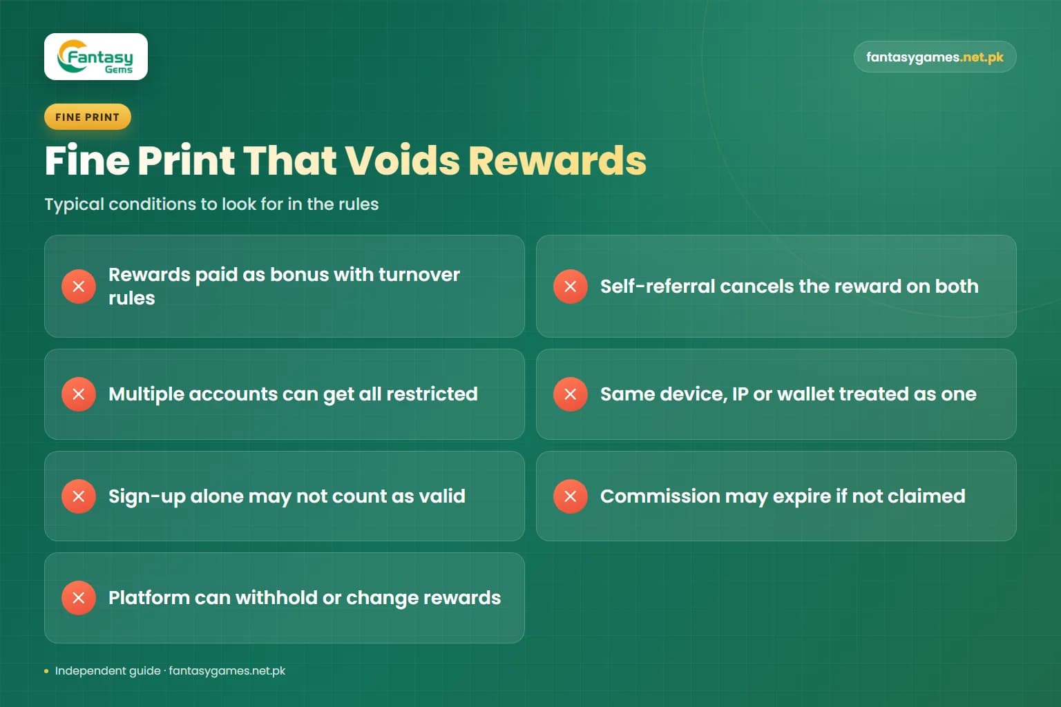 Fine print that commonly voids Fantasy Gems referral rewards, such as self-referral and shared device accounts