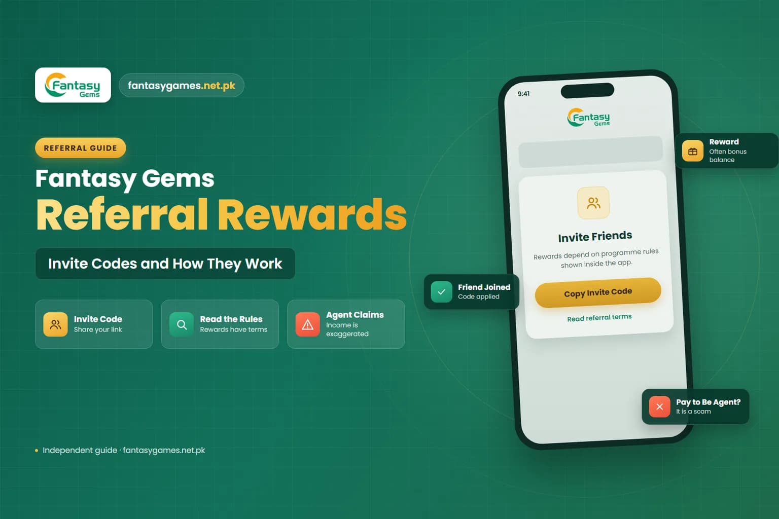 Fantasy Gems referral rewards graphic showing an invite code and programme rules