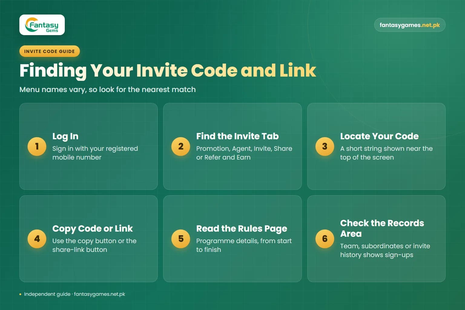 Steps to find your invite code and invitation link in the app, from the Fantasy Gems referral rewards guide