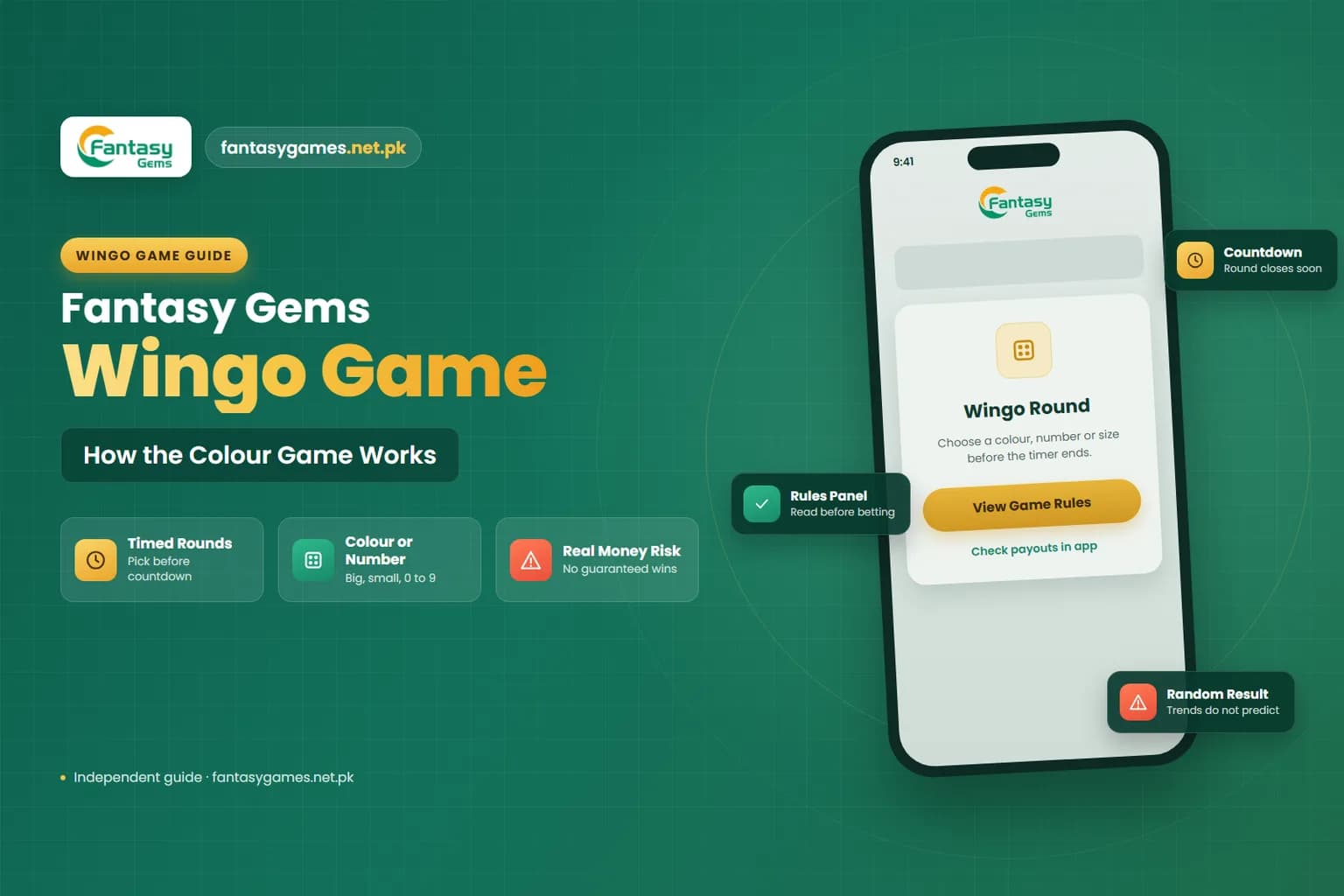 Fantasy Gems Wingo game guide graphic showing a timed colour and number prediction round
