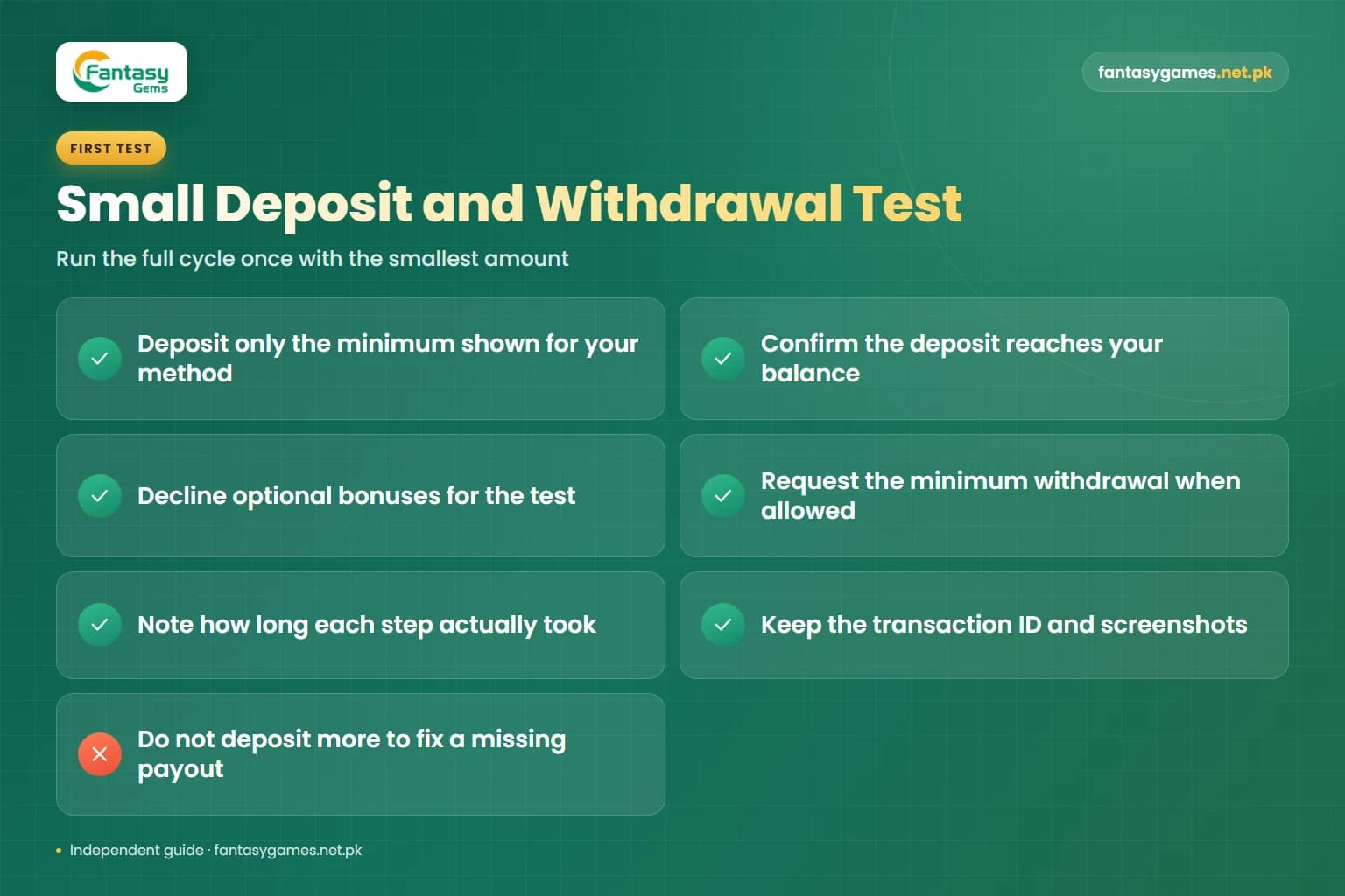 Checklist for testing the Fantasy Gems minimum deposit and withdrawal with a small payment before trusting larger amounts Checklist for testing the Fantasy Gems minimum deposit and withdrawal with a small payment before trusting larger amounts