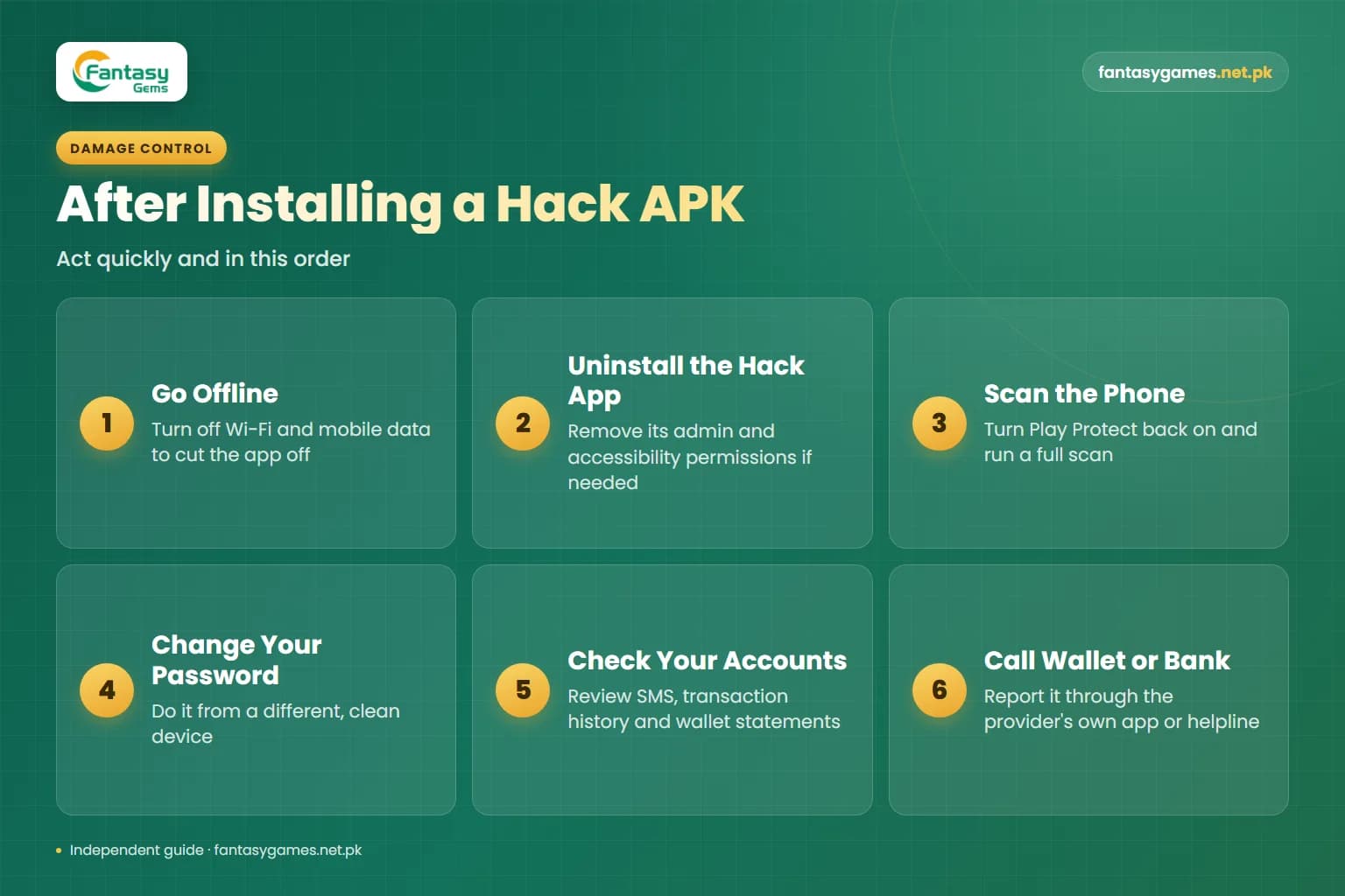 Recovery steps after installing a Fantasy Gems game hack APK, from going offline to a full scan and a password change Recovery steps after installing a Fantasy Gems game hack APK, from going offline to a full scan and a password change