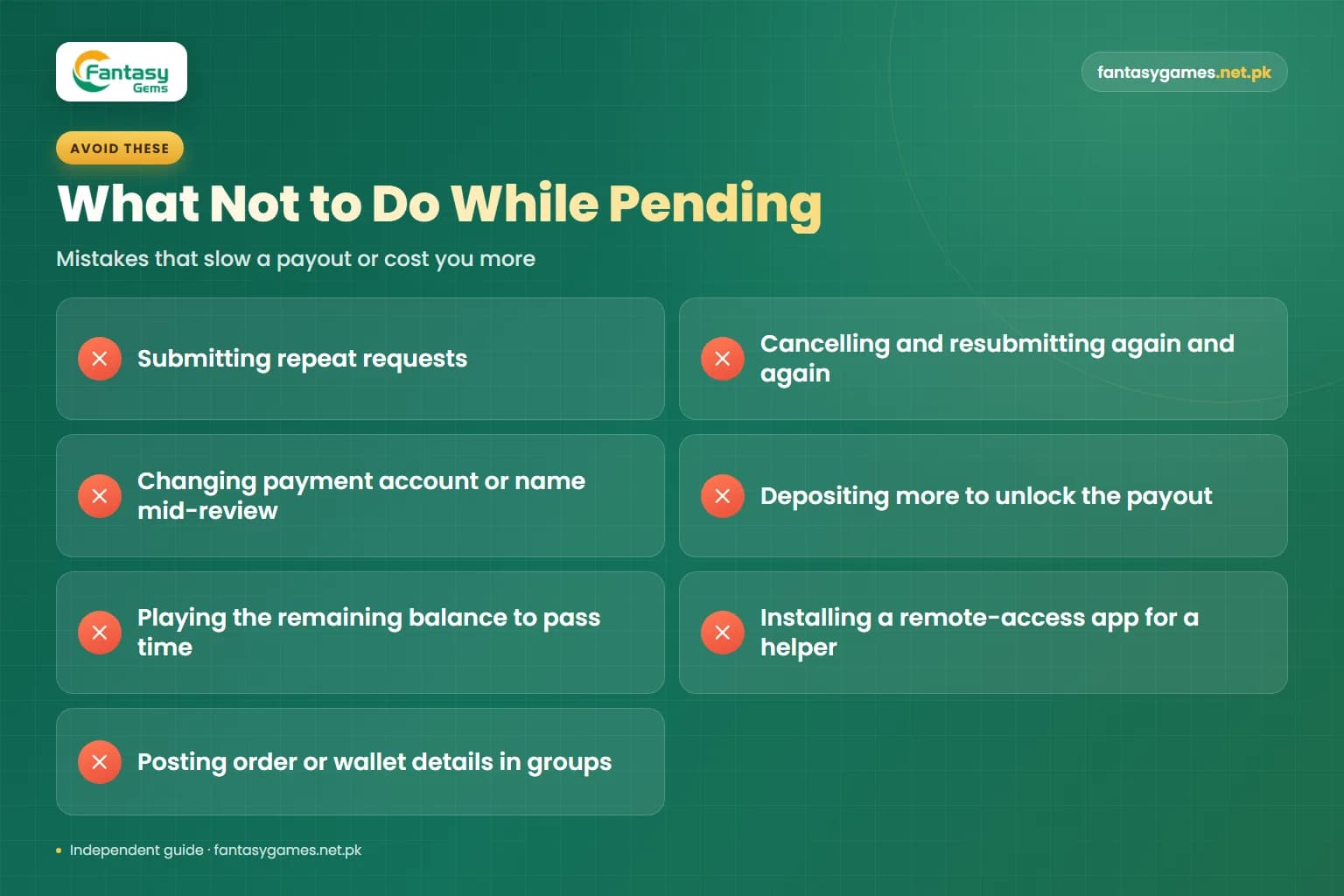 Seven mistakes to avoid while a payout is pending, which can extend Fantasy Gems withdrawal processing time or add to losses Seven mistakes to avoid while a payout is pending, which can extend Fantasy Gems withdrawal processing time or add to losses