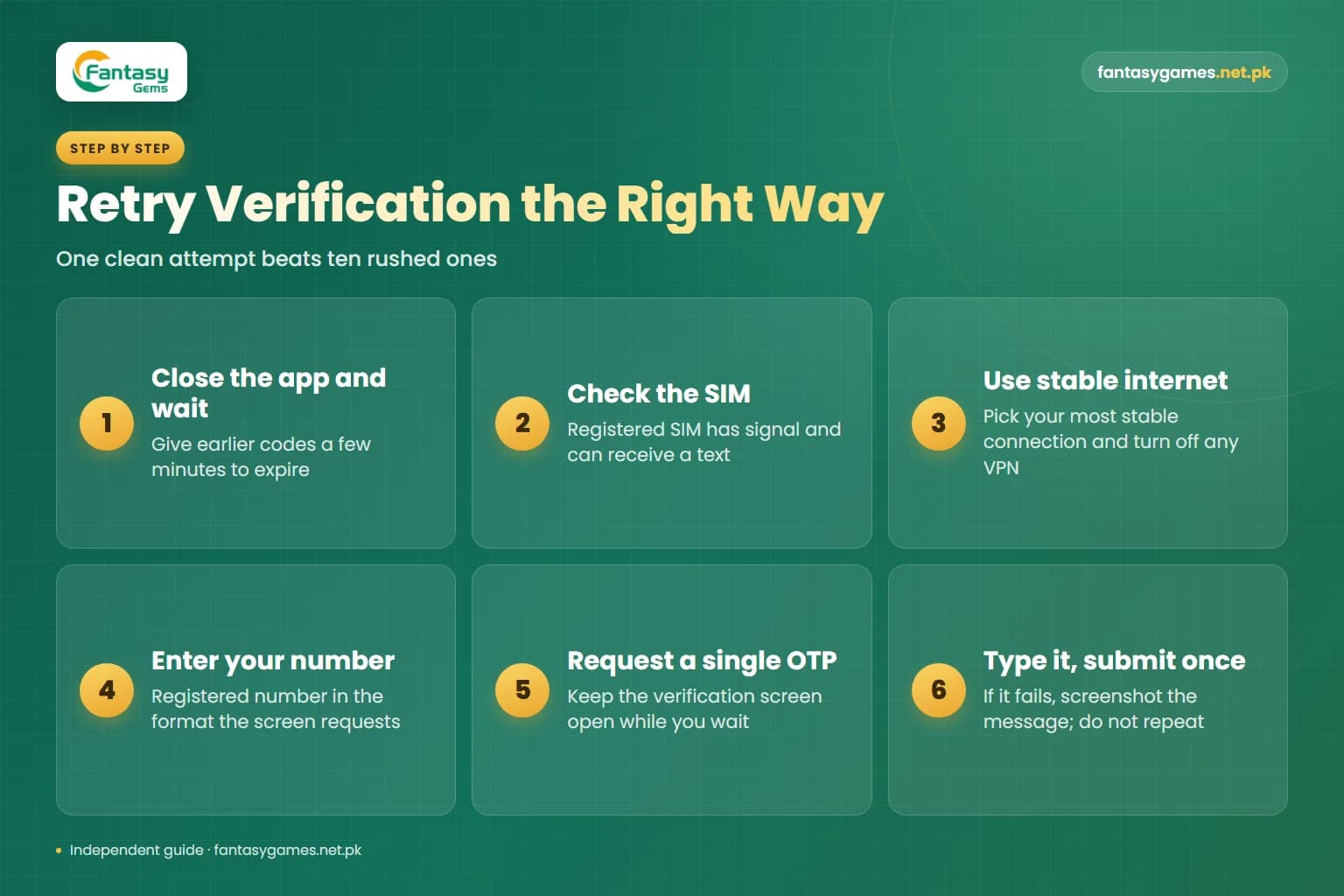 Six steps to retry account verification cleanly after a Fantasy Gems login verification failed message appears Six steps to retry account verification cleanly after a Fantasy Gems login verification failed message appears