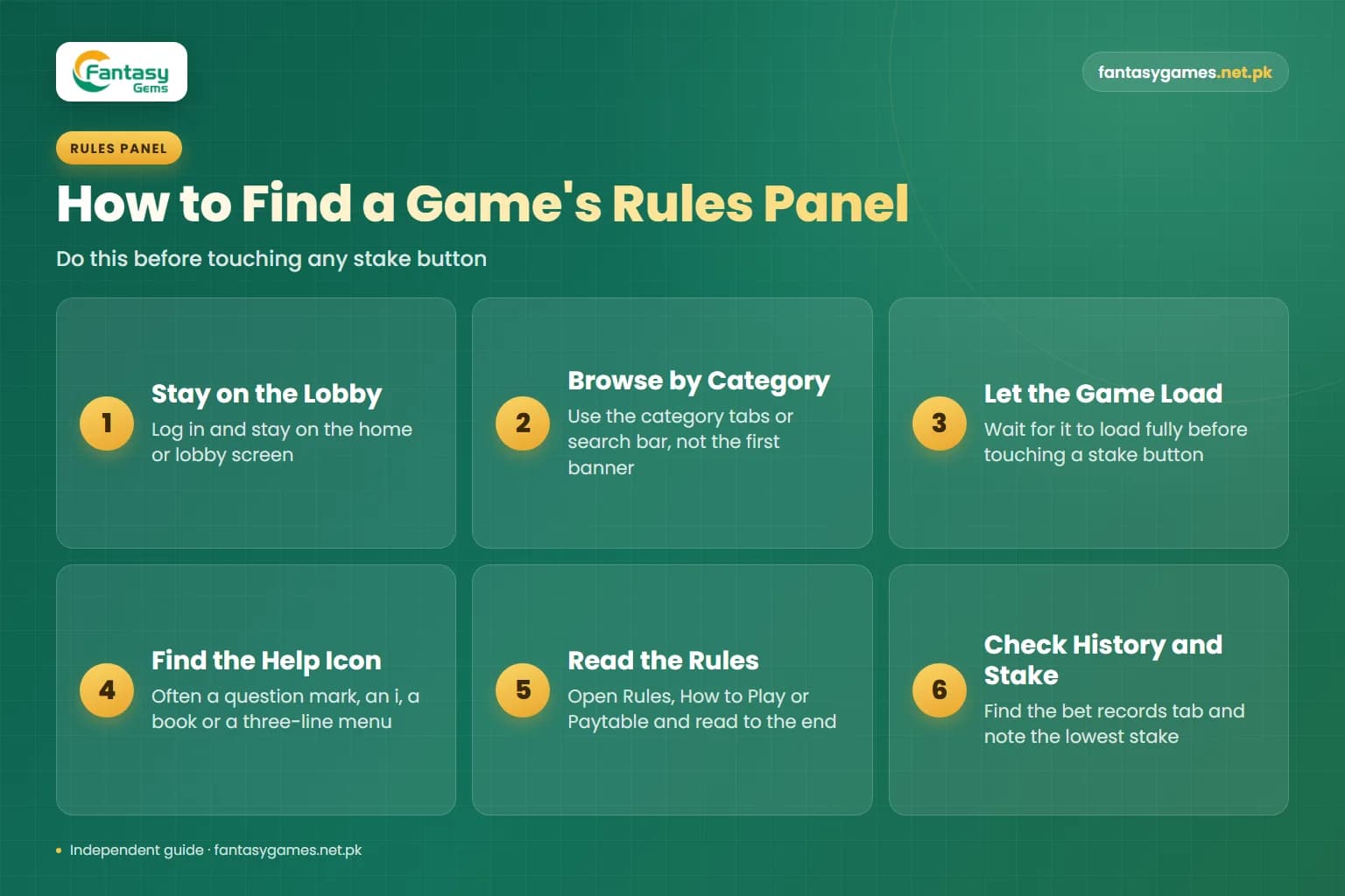 Steps to open one of the Fantasy Gems popular games and find its rules panel, help icon and bet history before staking Steps to open one of the Fantasy Gems popular games and find its rules panel, help icon and bet history before staking