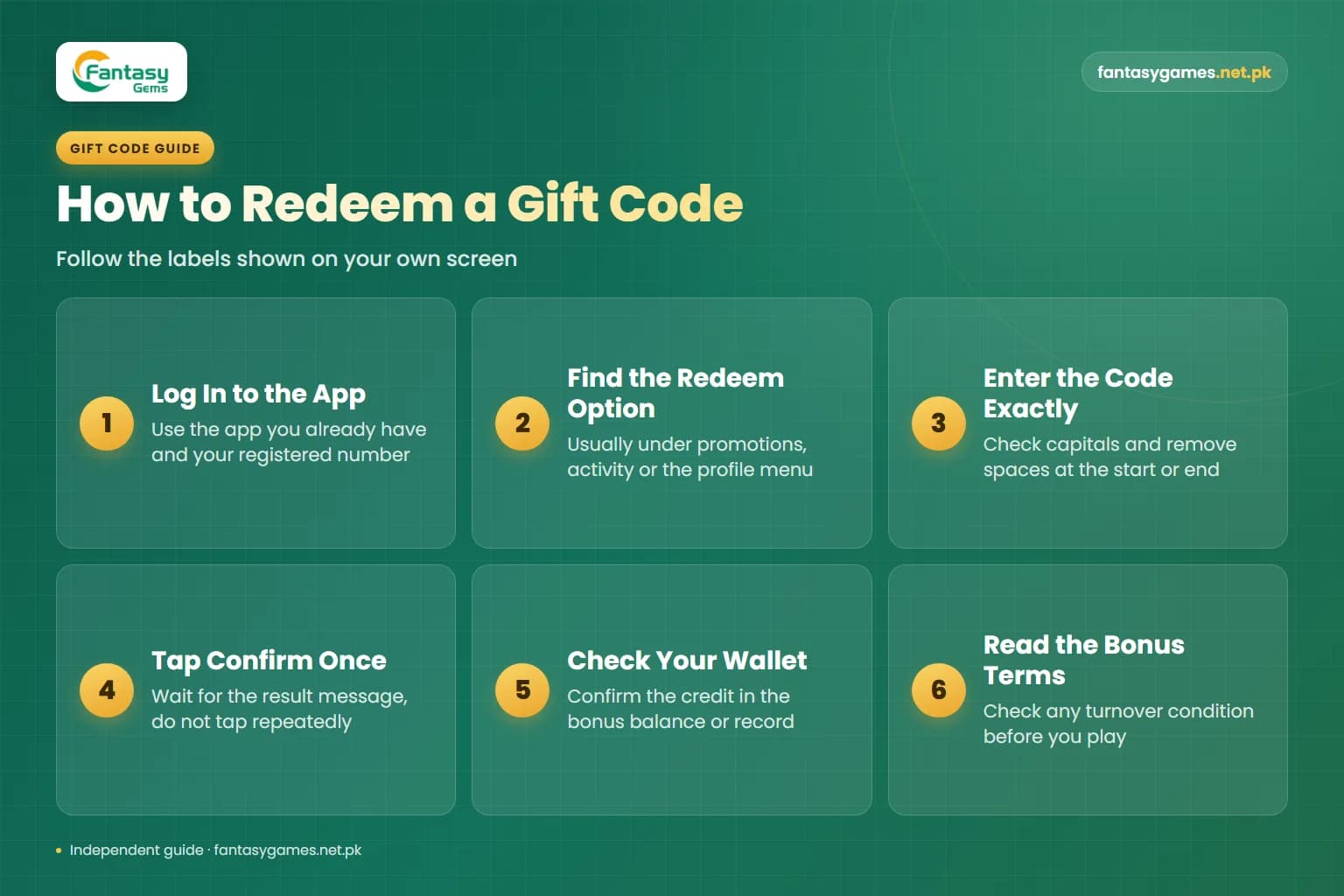 Steps to redeem a Fantasy Gems game gift code in the app, from opening the redeem box to checking the bonus balance Steps to redeem a Fantasy Gems game gift code in the app, from opening the redeem box to checking the bonus balance