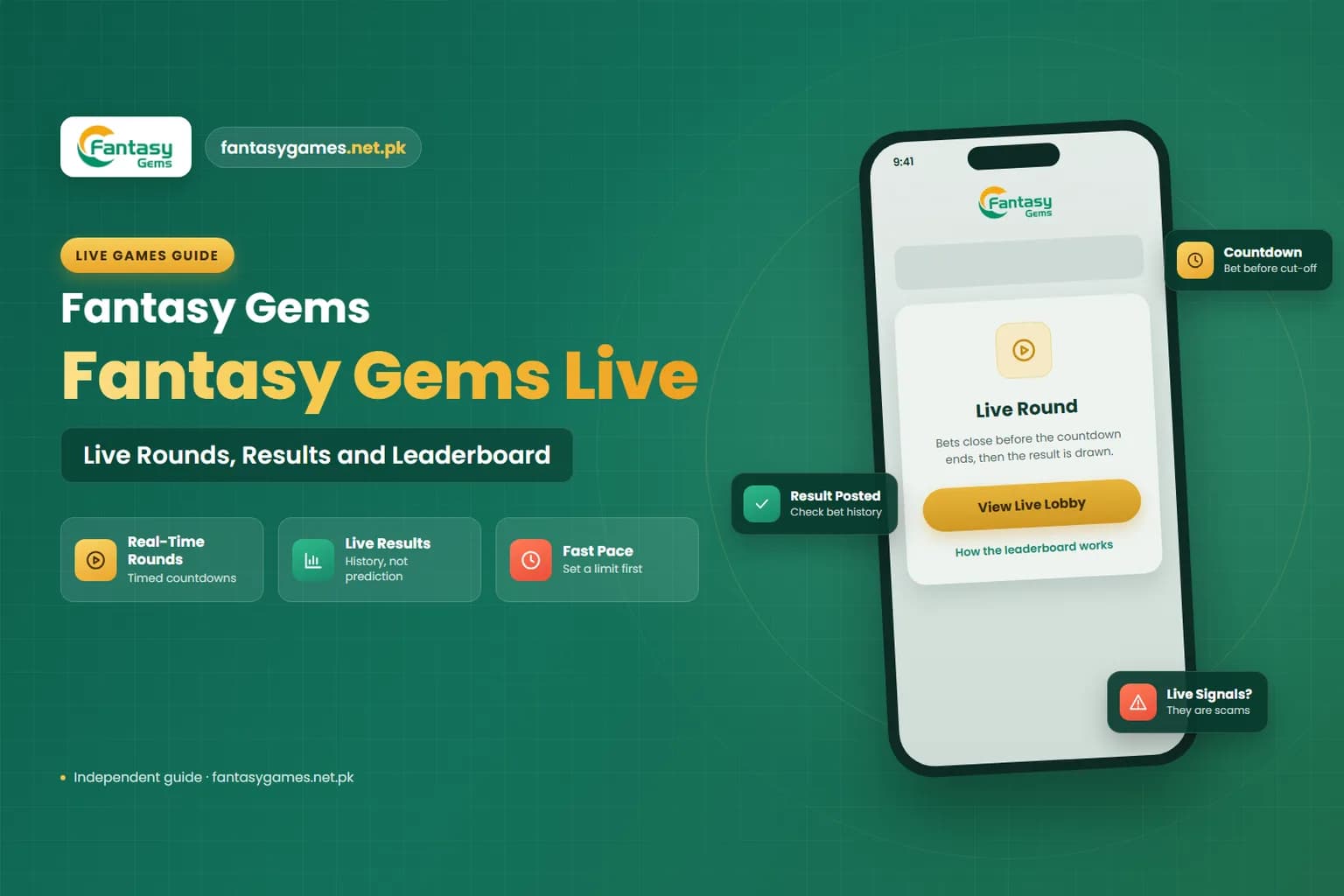 Fantasy Game Gems Live graphic showing a real-time timed round, live results and leaderboard Fantasy Game Gems Live graphic showing a real-time timed round, live results and leaderboard