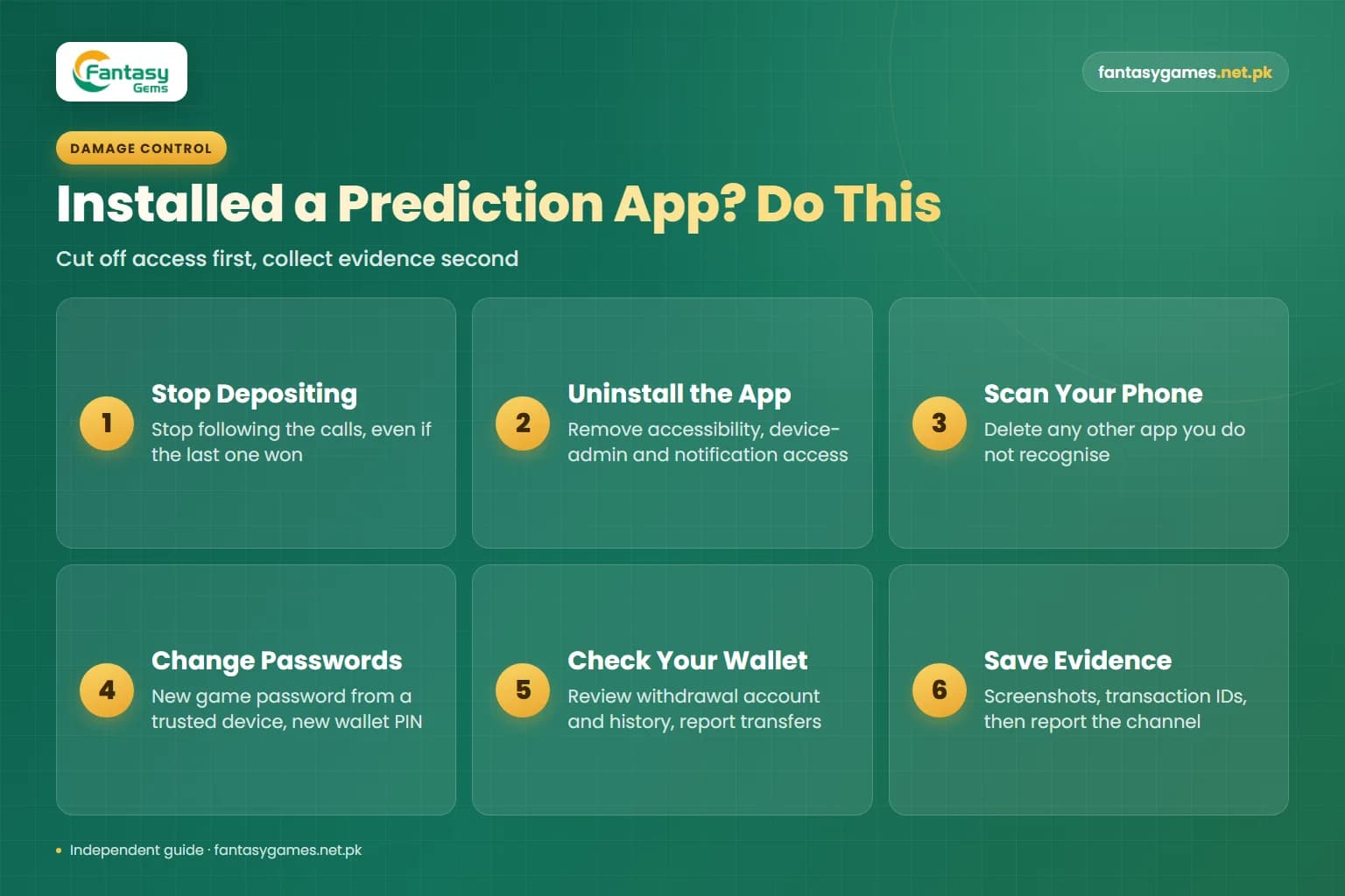 Recovery steps after installing a Fantasy Gems prediction app: uninstall, scan, change passwords and PINs, save evidence Recovery steps after installing a Fantasy Gems prediction app: uninstall, scan, change passwords and PINs, save evidence